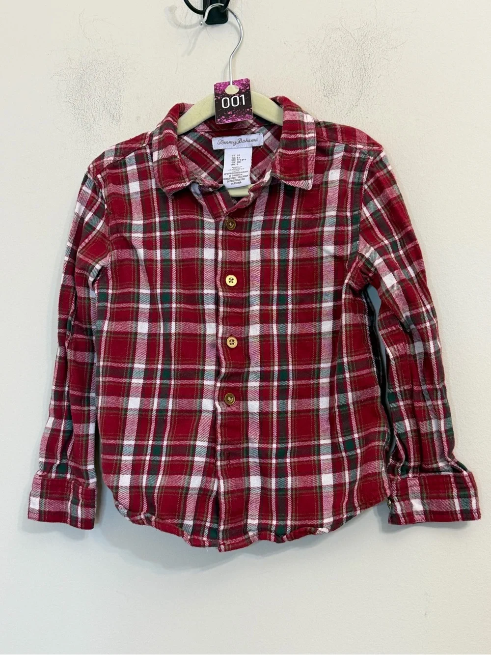 Tommy Bahama Boys Plaid Flannel Shirt Red Green Long Sleeve Button Down 5T